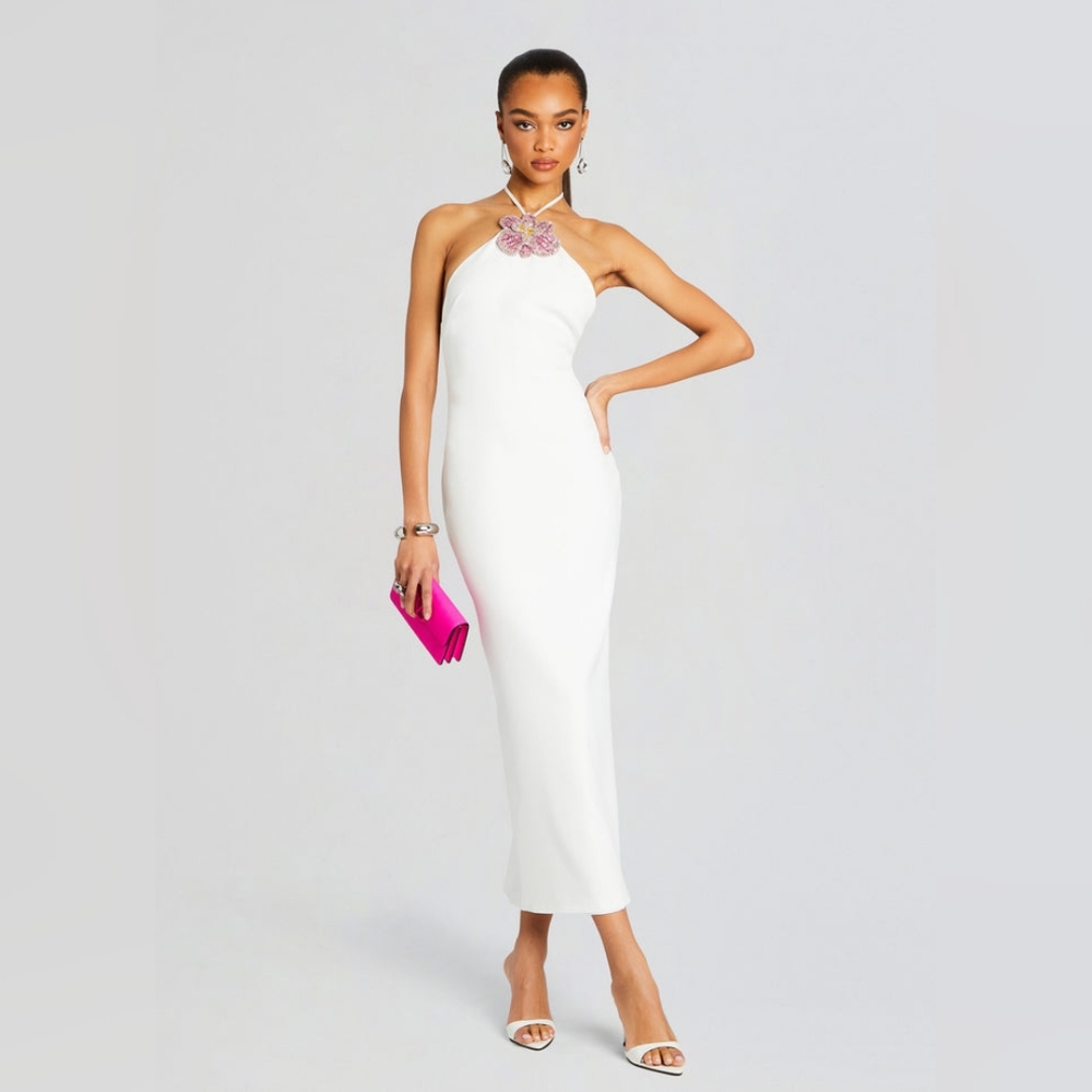 Flawed Retrofete Lexie Embellished Backless Halter Dress